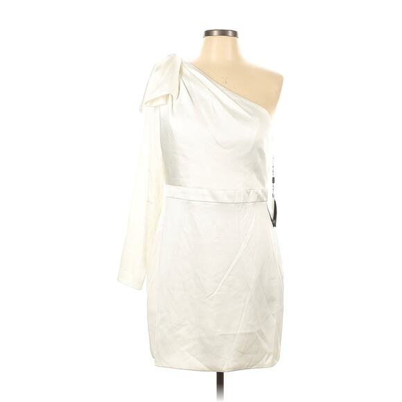 Leena Mac Duggal White One Shoulder Long Sleeve Satin Mini Dress Size 10 - Picture 8 of 9